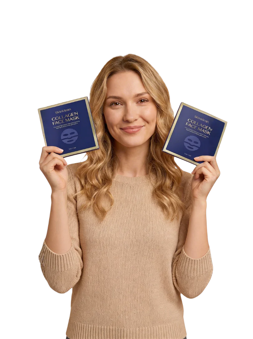 Woman holding two SkinKlean collagen mask boxes
