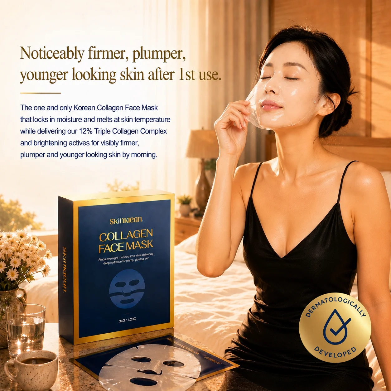 SkinKlean Baby Collagen Face Mask box and woman applying the mask — noticeably firmer, plumper, younger-looking skin after first use