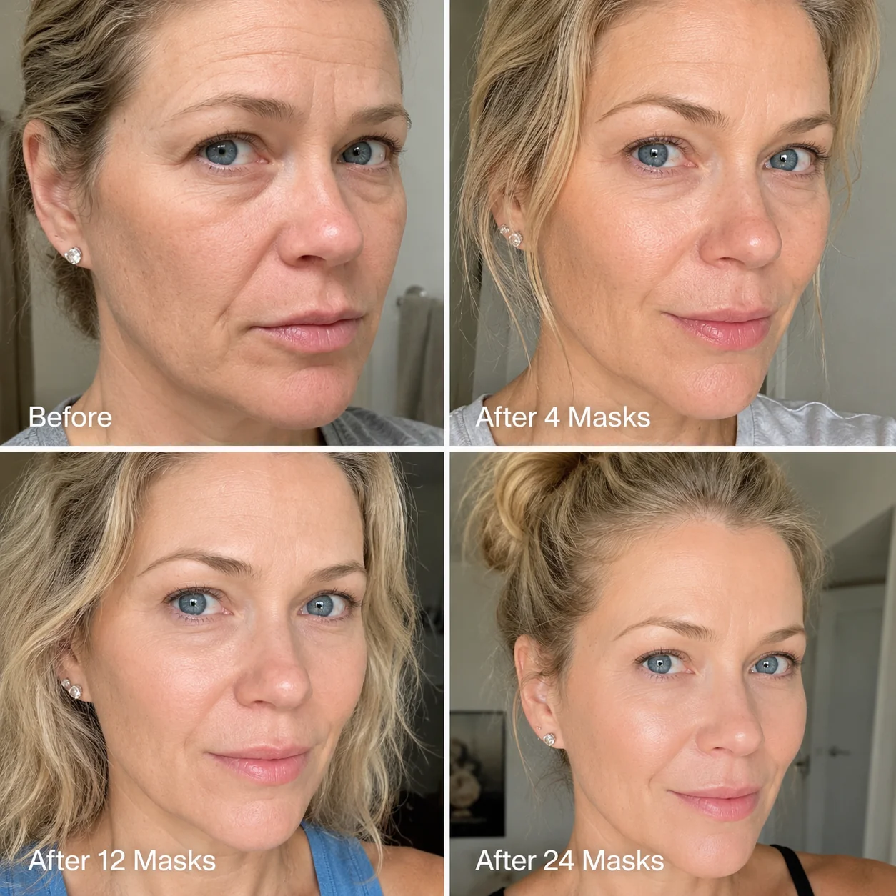 Before and after photos after 4, 12 and 24 collagen masks